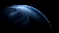 A stylized blue marble planet curves across the upper frame, swirling cloud patterns over deep black space, Blue Planet wallpaper