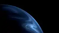 Left-edge crescent of a swirling blue marble world, deep cloud bands curling against black, Blue Planet wallpaper