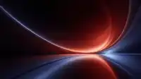 Crimson glow curving around a dark horizon with a blue rim and reflective floor, cinematic Crimson Drift wallpaper