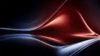 Glowing crimson fold rising between cool blue waves on black, warm-cool contrast, Crimson Drift wallpaper