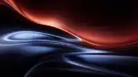 Deep crimson sky over rippling steel-blue satin waves on black, calm warm-cool Crimson Drift wallpaper