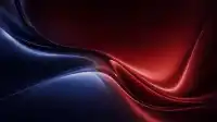 Crimson and steel-blue satin twisting together at a glowing pinch point on black, bold Crimson Drift wallpaper