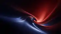 Red and blue satin sheets spiralling into a tight central swirl on black, hypnotic Crimson Drift wallpaper