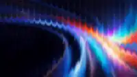 Prismatic right-edge band of red, cyan and violet beside a dark navy field with a curling blue light, fractal aura wallpaper