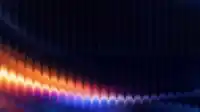 Warm amber and magenta flame rising from the bottom-left corner into moody midnight blue, candlelit fractal aura wallpaper