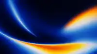 Thin blue and amber light arcs curving across deep black, sleek hero gradient Hero Flux wallpaper