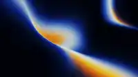 Curved blue light edge with a small amber bloom on a dark grainy field, hero gradient Hero Flux wallpaper