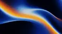 Amber streak running over rolling blue dunes on black, warm-cool hero gradient Hero Flux wallpaper