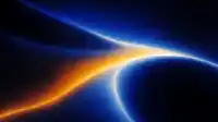 Amber and blue light streams crossing at a bright pinch point on black, hero gradient Hero Flux wallpaper