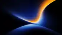 Glowing amber and blue S-curve sweeping across deep black, bold hero gradient background from the Hero Flux set