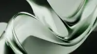 Vertical curtain twist of molten glass folding into itself, deep emerald through the inner ribbons on pale sage, Liquid Emerald wallpaper
