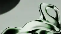 Lounging organic glass form with a central aperture casting emerald through its core, pale sage ground, Liquid Emerald wallpaper