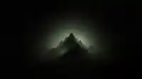 A lone peak rises from grainy darkness with a soft olive halo glowing behind, ritualistic Moss Eclipse wallpaper