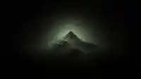 A solitary mountain peak rises into a pale green sky, distant stars and grainy mist, Moss Eclipse wallpaper