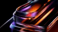 Close-up of a rounded glass bar stack with violet and orange sheen on black, 3D liquid glass Neon Glass wallpaper