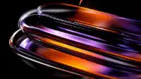 Concentric stacked glass loops glowing orange and violet on deep black, liquid glass Neon Glass wallpaper