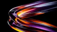 Curved glass ribbon loops sweeping with magenta and amber light on black, 3D glassmorphism Neon Glass wallpaper