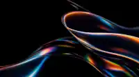 Curled translucent glass ribbons with prismatic rim light arcing over a black void, Prism Flow wallpaper