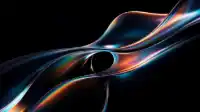 Twisted glass ribbon wrapped around a dark eye-shaped gap, amber and blue refraction, iridescent Prism Flow wallpaper