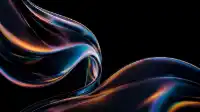 Two translucent glass ribbons billowing apart over a black void, prismatic edges glinting, iridescent Prism Flow wallpaper