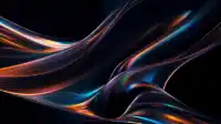 Layered glass ribbons sweeping low with copper and blue refraction along the curves on black, Prism Flow wallpaper