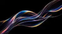 Slender glass ribbon streaming diagonally with fine prismatic threads on pitch black, iridescent Prism Flow wallpaper