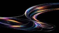 Bold glass ribbon coiling with vivid amber, violet, and cyan dispersion across deep black, Prism Flow wallpaper