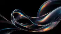 Clear glass ribbon looping into a soft knot with delicate rainbow refraction on black, iridescent Prism Flow wallpaper