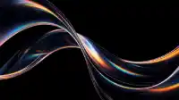 Long glass ribbon twisting through black with amber and cyan dispersion tracing the folds, iridescent Prism Flow wallpaper