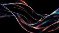 Stacked glass ribbons rolling across the frame with warm prismatic streaks on deep black, Prism Flow wallpaper