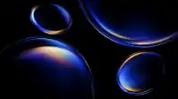 Four tilted iridescent ellipses arranged across deep black, rainbow rim refractions burning across each shell, Prismatic Orbs wallpaper