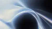 Pale blue silk ribbons curve into deep navy shadow, soft upper-left glow and a faint prism shimmer, Silk Flow wallpaper
