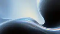Soft pale blue waves drift between two dark hollows, a thin prismatic line lighting the central fold, moody Silk Flow background