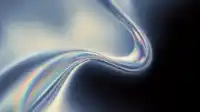 A silver-grey ribbon twists across muted grey, holographic rainbow edges catching the light, sleek Silk Flow wallpaper