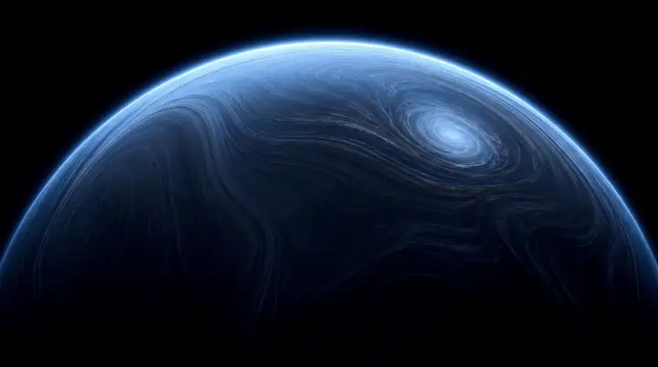 A full stylized blue planet floats in black space, glowing rim and a tight cyclone swirl on its face, Blue Planet wallpaper