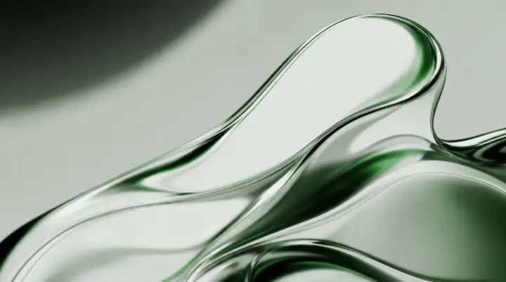 Layered emerald wave with a cresting droplet at the peak and rippled ribbons below, soft studio ground, Liquid Emerald wallpaper