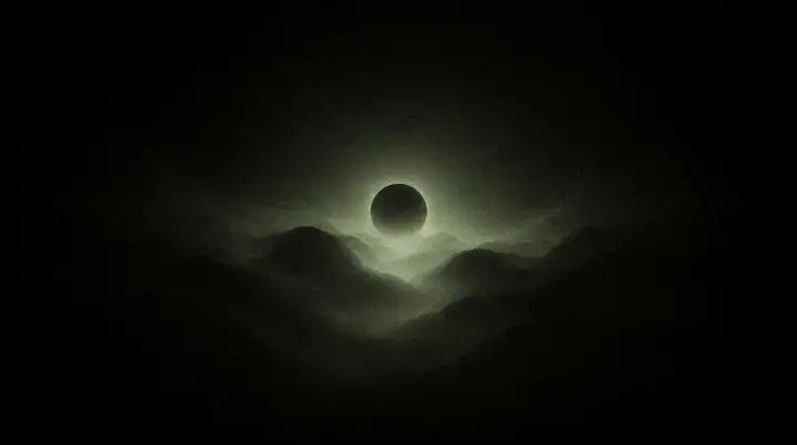 A dark eclipse sphere rises above misty olive-green mountains, cinematic ritual mood Moss Eclipse wallpaper