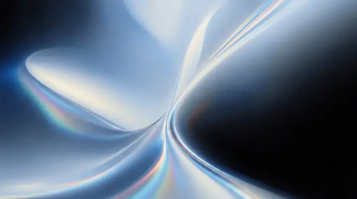 Silver-blue folds radiate toward a central seam, scattered prism flecks at the lower left, dynamic Silk Flow wallpaper